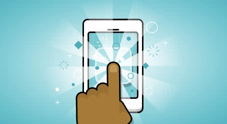 A hand is tapping the center of a smartphone screen. Light and sparkles are coming out of the screen.