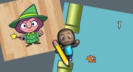 A collage of Code.org puzzles showing a green wizard, artist, and orange fish.