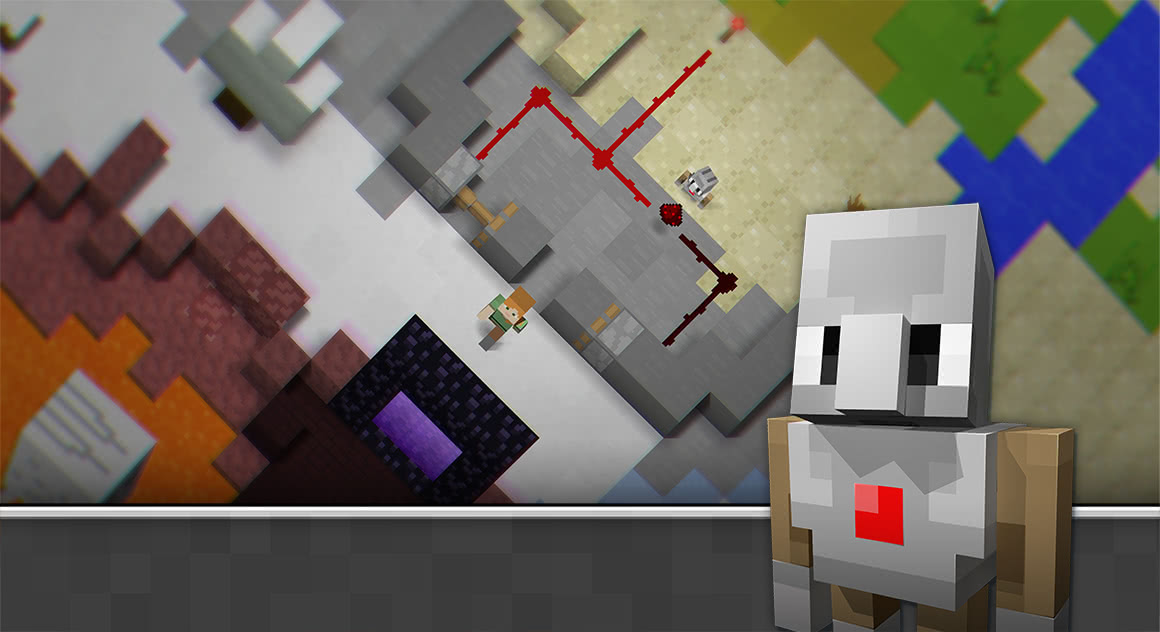 An Iron Golem from Minecraft standing in front of an overhead view of Anna solving a puzzle.
